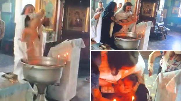 VIDEO: Un sacerdote ruso agita violentamente y provoca heridas en un niño durante su bautizo